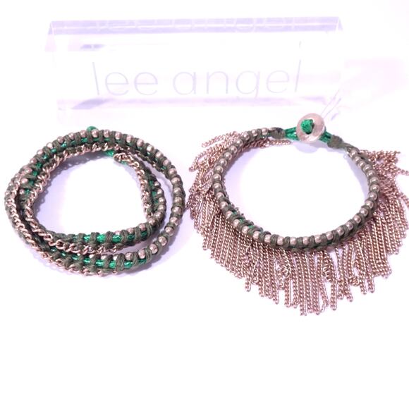 Lee Angel Women's Green Stud and Chain Wrap Toggle Bracelet Set NWT 120 - Picture 1 of 6